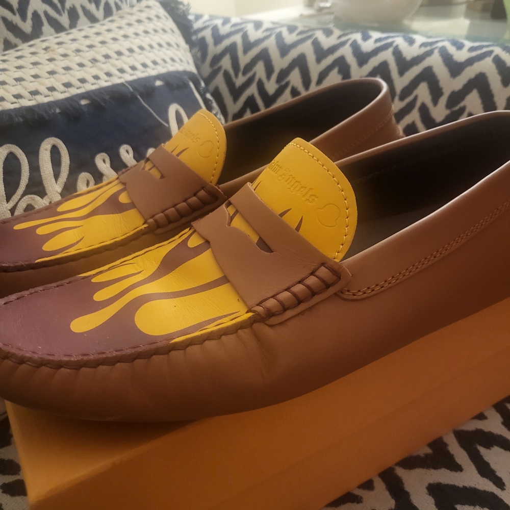 Palm Angels X Moncler X Tod's Brown Leather Loafers with Yellow Flame Detail